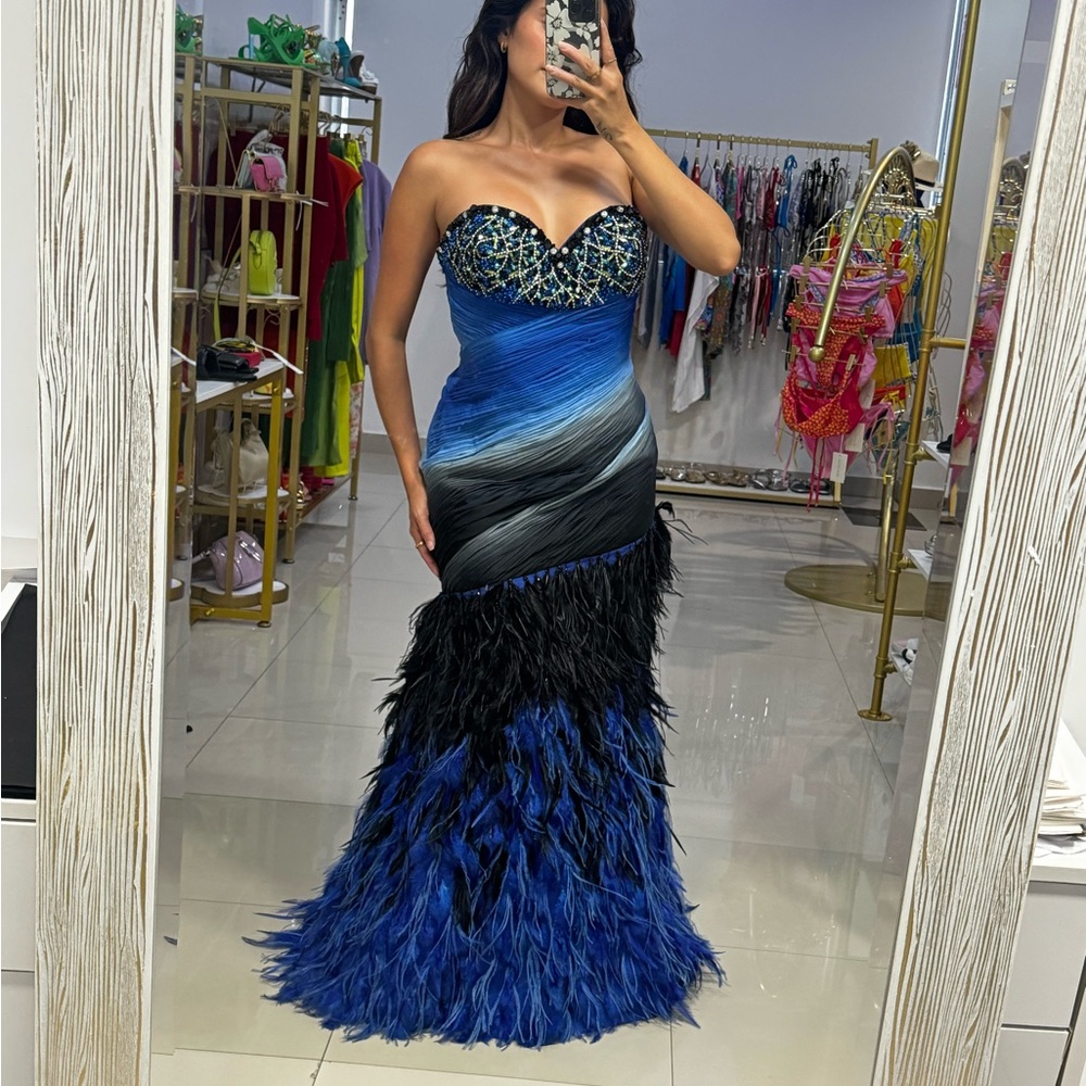 Elegant Blue and Black Feathered Dress